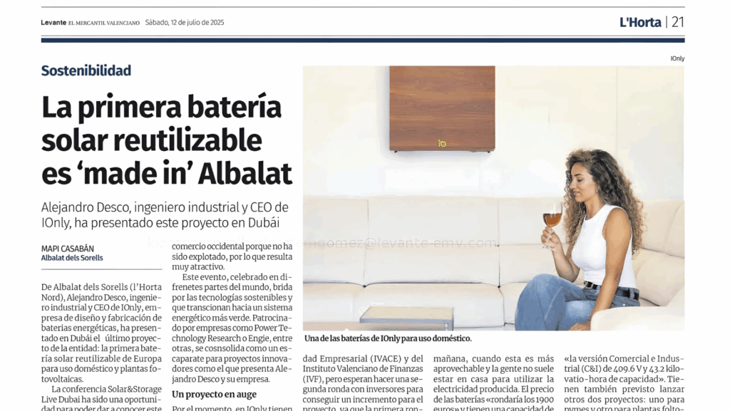 IONLY en el diario Levante y en el Solar & Storage Live Dubai: innovación valenciana con impacto global