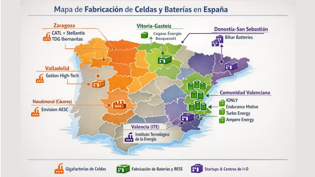 Mapa de fabricación de celdas y baterías en España